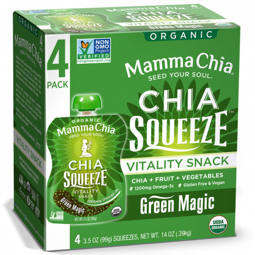 Mamma Chia, Органический сок чиа, энергетическая закуска, магия зелени, 4 пачки, 3.5 унций (99 г) шт.