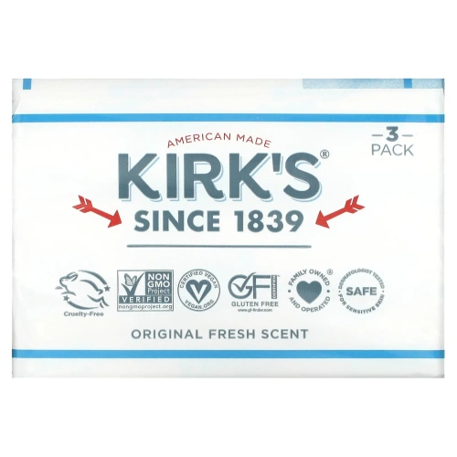 Kirk's, Gentle Castile Soap Bar, Original Fresh Scent, 3 Bars, 4 oz (113 g) Each