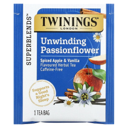 Twinings, Успокаивающий травяной чай, страстоцвет и ромашка, пряное яблоко и ваниль, без кофеина, 18 пакетиков по 0,95 унц. (27 г)