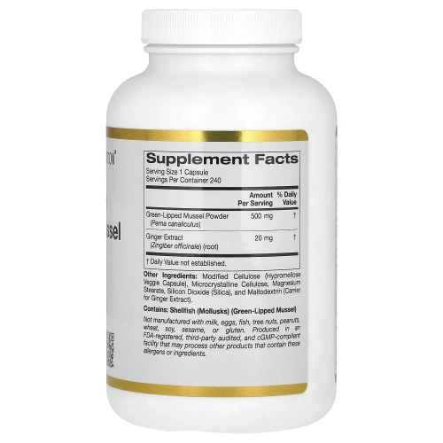 California Gold Nutrition, Новозеландский зеленогубый моллюск с имбирем, 500 мг, 240 капсул в растительной оболочке