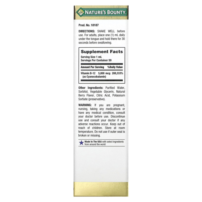 Nature's Bounty, Сублингвальная жидкость, B12, 5000 мкг, 2 жидкие унции (59 мл)