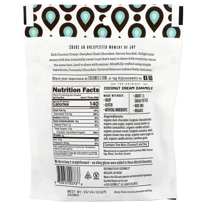 Cocomels, Bites, морская соль в темном шоколаде, 99 г (3,5 унции)