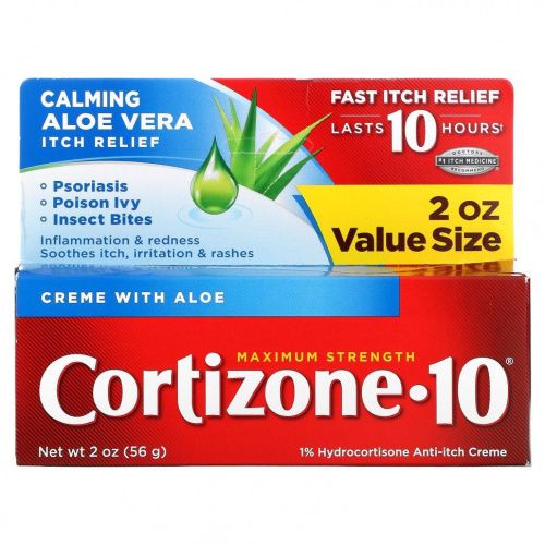 Cortizone 10, 1% крем против зуда с гидрокортизоном и алоэ, максимальная сила действия, 56 г (2 унции)