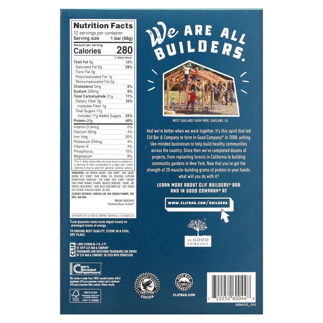 Clif Bar, Шоколадный батончик Builder's с мятой 12 батончиков