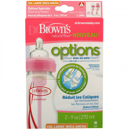 Dr. Brown's, Natural Flow, Options, Wide-Neck, Special Edition, Pink, 0 + Months, 2 Pack Bottles, 9 oz (270 ml) Each