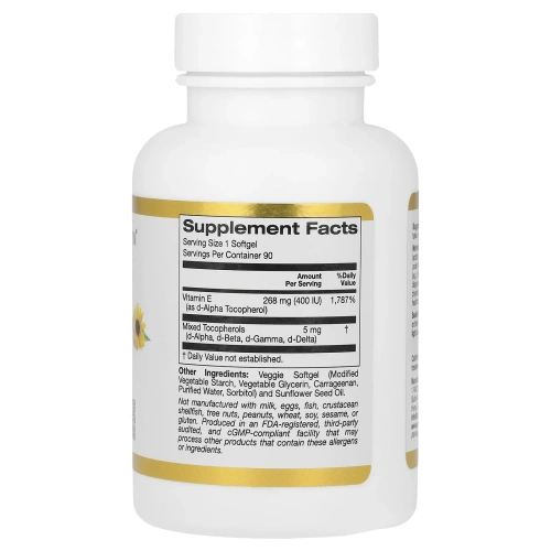 California Gold Nutrition, Витамин E из подсолнечника, Без ГМО, со смешанными токоферолами, 400 МЕ, 90 вегетарианских мягких таблеток