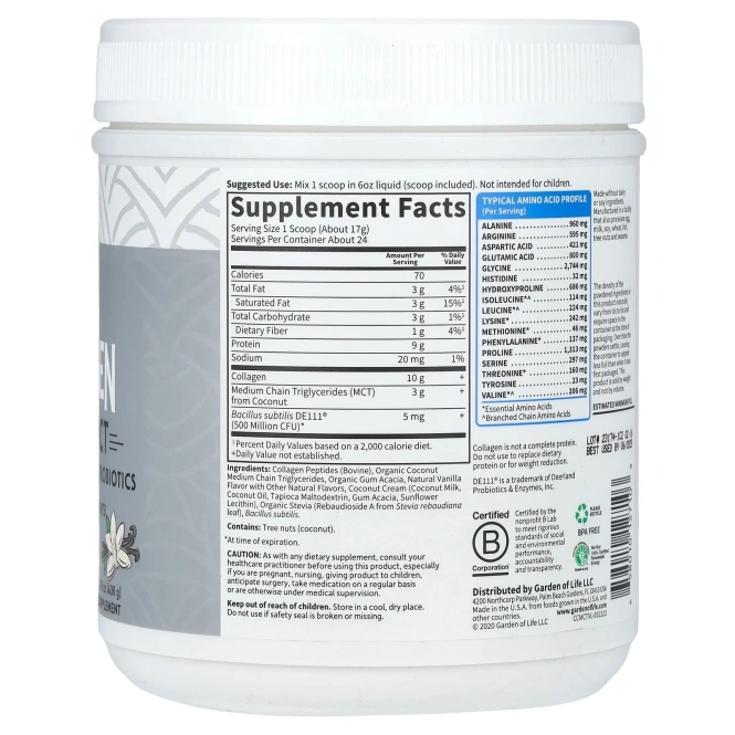 Garden of Life, экологически чистый коллаген с кокосовыми среднецепочечными триглицеридами, ваниль, 408 г (14,39 унции)