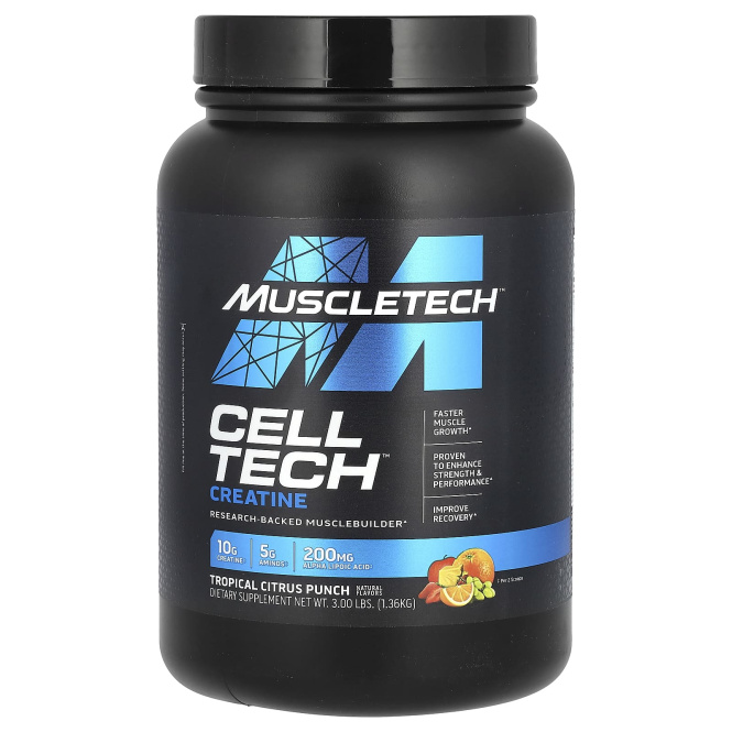 Muscletech, Cell Tech, Креатин + углеводы для наращивания мышечной массы, подтвержденный исследованиями, пунш из тропических цитрусовых, 3 фунта (1,36 кг)