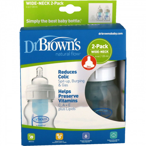 Dr. Brown's, Natural Flow, Wide-Neck, Level 1, 0 + Months, 2 Pack Bottles, 4 oz (120 ml) Each