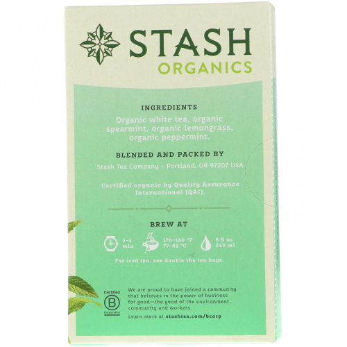 Stash Tea, Высший сорт, органический белый чай, с мятой, 18 чайных пакетиков, 0,8 унции (24 г)