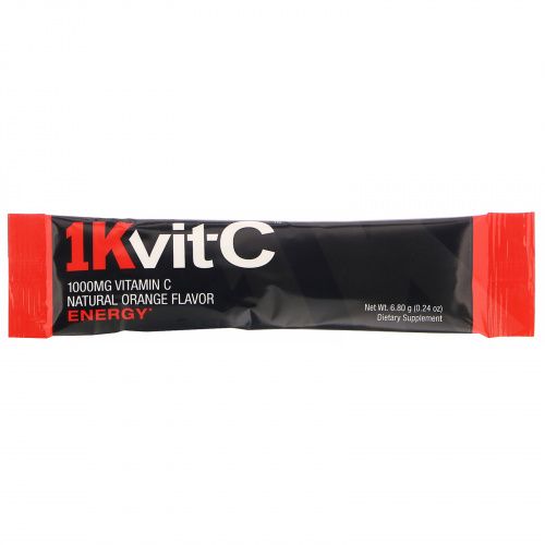 1Kvit-C, Витамин C, повышение уровня энергии, шипучая смесь для приготовления напитка, натуральный апельсиновый вкус, 1000 мг, 30 пакетиков по 6,8 г (0,24 унции)