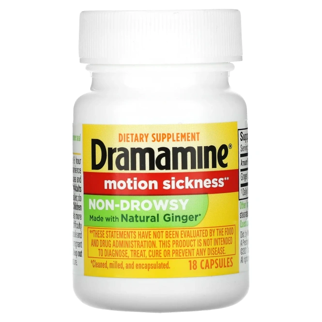 Dramamine, От укачивания, без сонливости, 18 капсул (500 мг на капсулу)