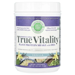 Green Foods Corporation, True Vitality, Растительный протеиновый шейк с DHA, ваниль 25.2 унции (714 г)