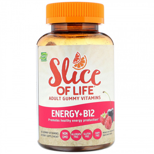 Hero Nutritional Products, Slice of Life, жевательные витамины для взрослых, энергия + B12, вкус натуральных фруктов, 60 жевательных таблеток