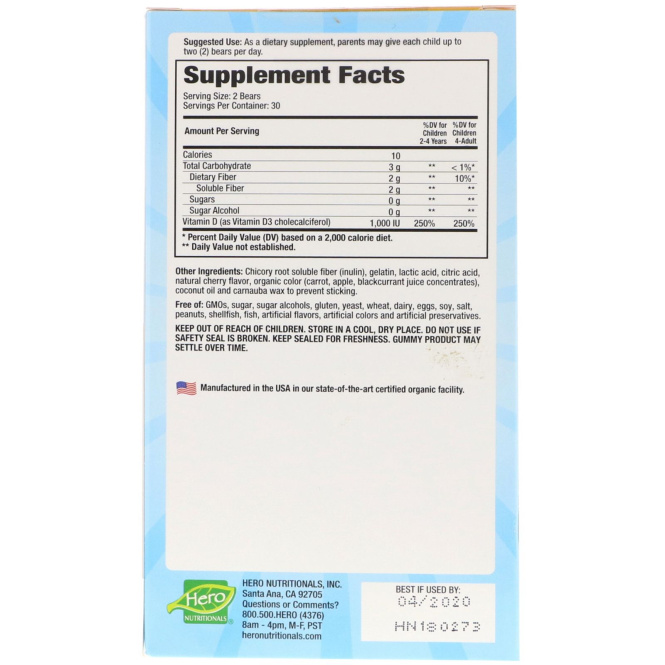 Hero Nutritional Products, Yummi Bears, витамин D3, без сахара, натуральные ягодные ароматизаторы, 1000 МЕ, 60 жевательных медвежат