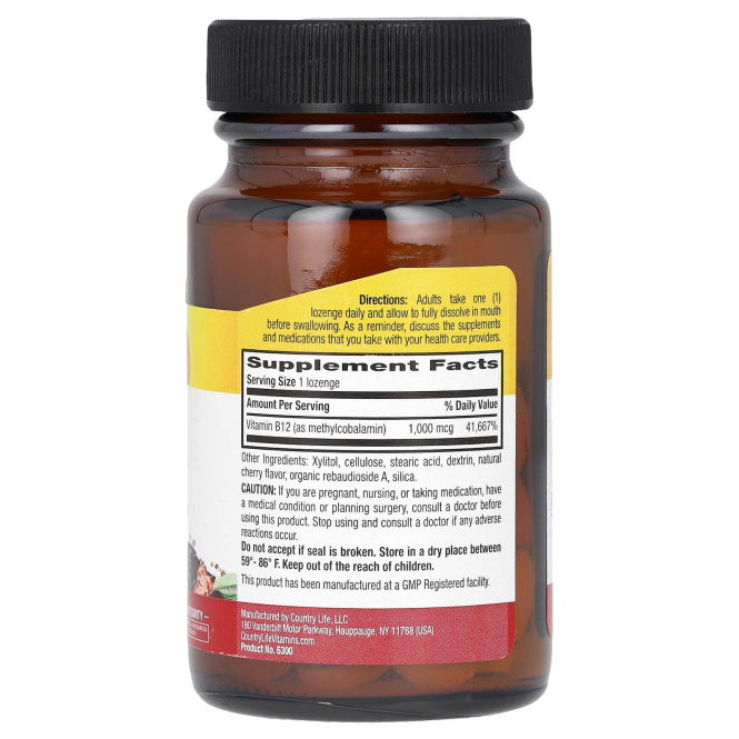 Country Life, Метил B12, вишневый ароматизатор, 1000 мкг, 60 леденцов
