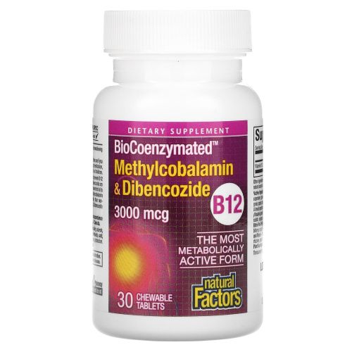 Natural Factors, BioCoenzymated, Метилкобаламин и дибенкозид, 3 000 мкг, 30 жевательных таблеток