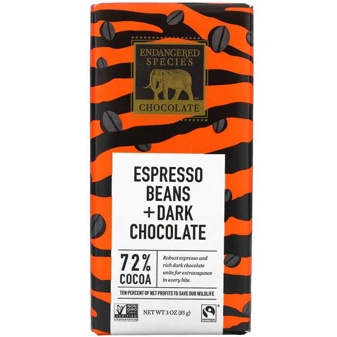 Endangered Species Chocolate, Зерна эспрессо + темный шоколад, 3 унц.(85 г)
