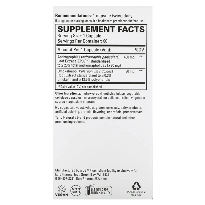 Terry Naturally, Andrographis EP80 с умкалоабо, 60 капсул