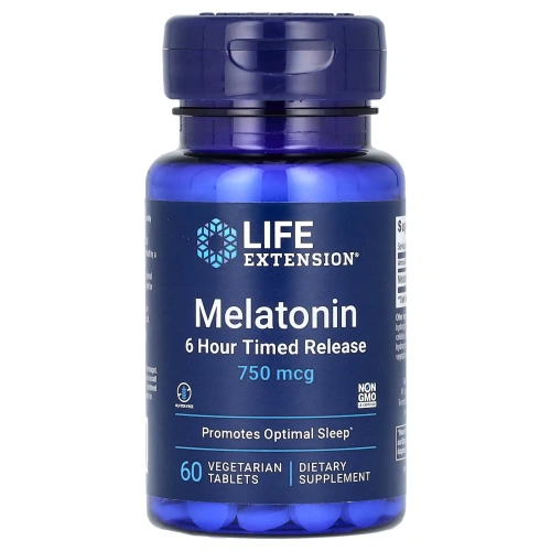 Life Extension, Мелатонин, 6-часовое высвобождение, 750 мкг, 60 растительных таблеток