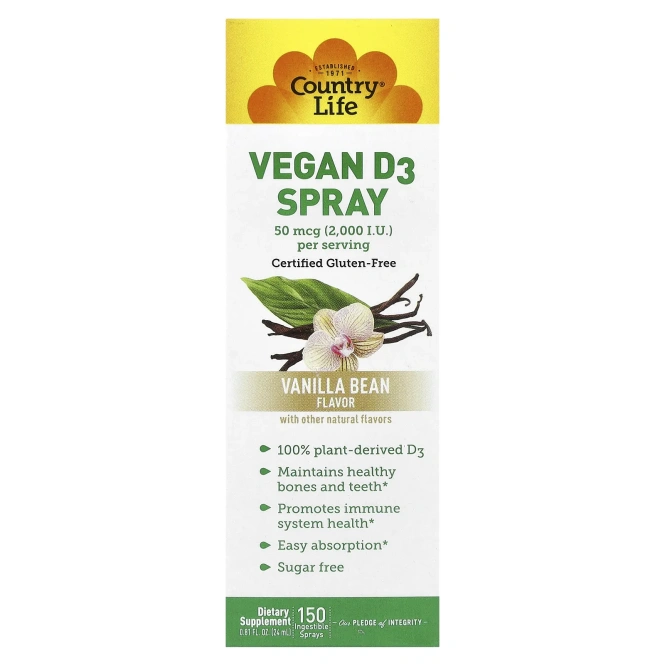 Country Life, Спрей с витамином D3 для веганов, со вкусом ванильных бобов, 2000 МЕ (50 мкг), 150 распылений для ротовой полости, 0,81 ж. унц. (24 мл)