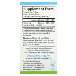 Carlson, Kid's Super Daily D3, 15 мкг (600 МЕ), 90 вегетарианских капель, 2,54 мл (0,086 жидк. унц.)