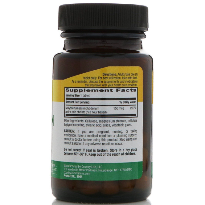 Country Life, Молибден, хелатный, 150 мкг, 100 таблеток