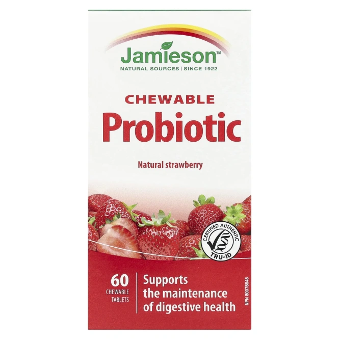 Jamieson Vitamins, Жевательные пробиотики, натуральная клубника, 60 жевательных таблеток