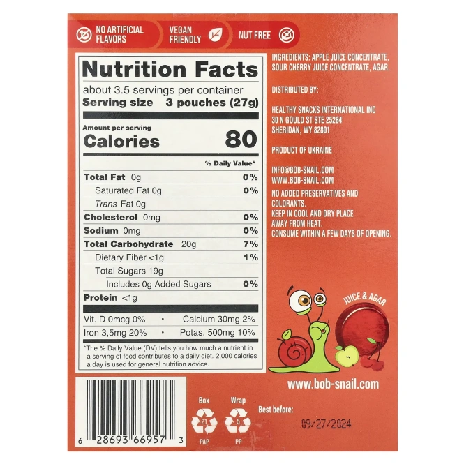 Bob Snail, фруктовое желе, яблоко и вишня, 10 шт., 90 г