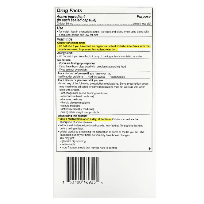 Alli, Орлистат, средство для снижения веса, дополнительная упаковка, 60 мг, 120 капсул