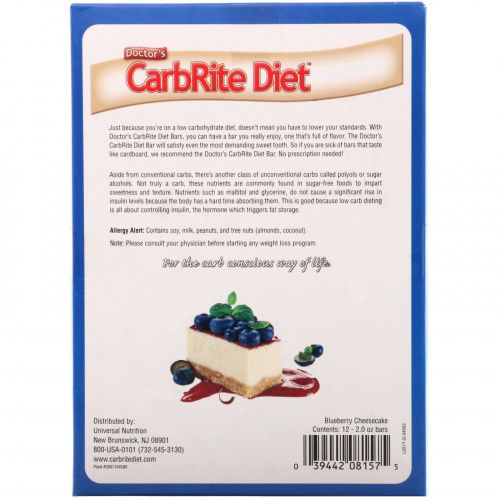 Universal Nutrition, Doctor's CarbRite Diet, черничный чизкейк, 12 плиток, по 2 унции (56,7 г) каждая