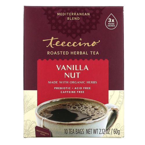 Teeccino, Обжаренный травяной чай со вкусом ванили, средняя обжарка, без кофеина, 10 чайных пакетиков, 60 г
