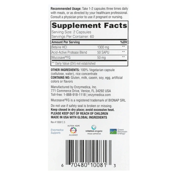 Enzymedica, Бетаин HCL, 120 капсул