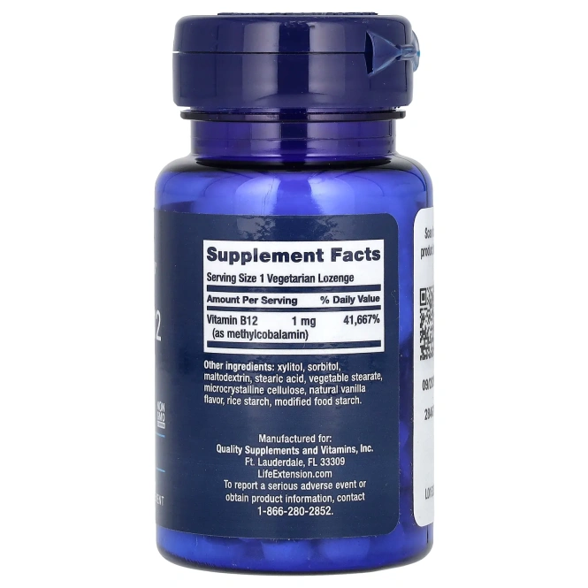 Life Extension, витамин B12, метилкобаламин, 1 мг, 60 вегетарианских пастилок