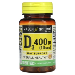 Mason Natural, Витамин D3, 10 мкг (400 МЕ), 100 мягких таблеток
