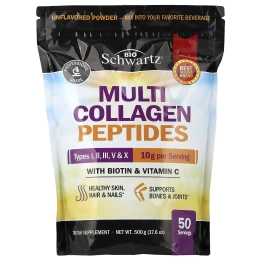 BioSchwartz, порошок из мультиколлагеновых пептидов, типы I, II, III, V и X, с биотином и витамином C, с нейтральным вкусом, 500 г (17,6 унции)