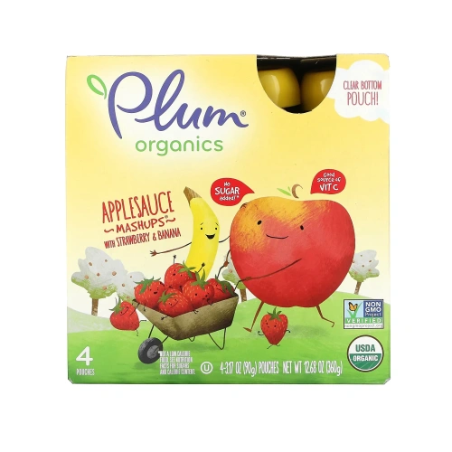 Plum Organics, Органическое яблочное пюре с клубникой  и бананом, 4 пакетов, 3,17 унц. (90 г) каждый