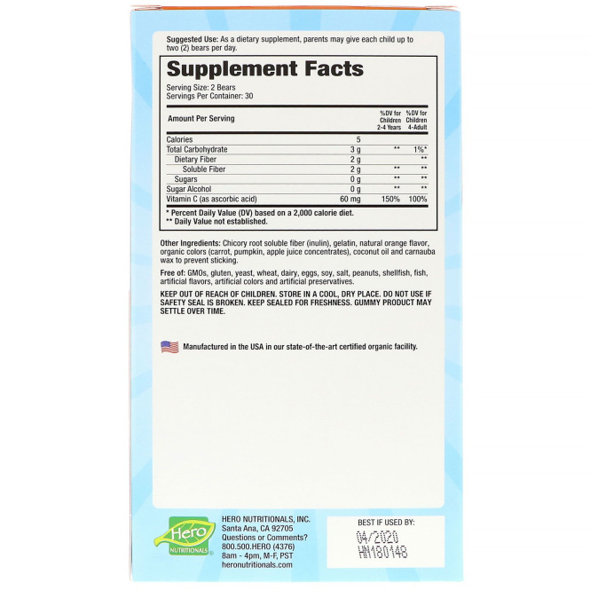 Hero Nutritional Products, Yummi Bears, Vitamin C, Sugar Free, All Natural Fruit Flavors, 60 Gummy Bears