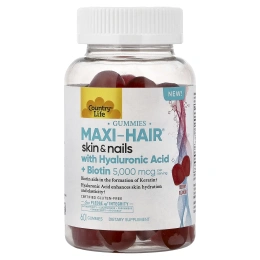 Country Life, Maxi-Hair®, жевательные таблетки для кожи и ногтей, с гиалуроновой кислотой и биотином, со вкусом ягод, 60 жевательных таблеток
