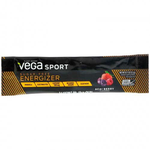 Vega, Спорт, энергетик без сахара, ягода асаи, 30 упаковок, по 0,11 унции (3,2 г) каждая