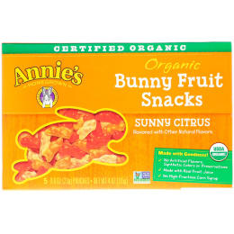 Annie's Homegrown, Органические фруктовые закуски Bunny, солнечный цитрус, 5 пакетиков, 0.8 унции (23 г) каждый