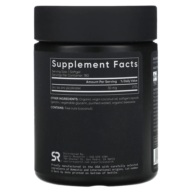 Sports Research, пиколинат цинка, высокая эффективность, 30 мг, 180 капсул