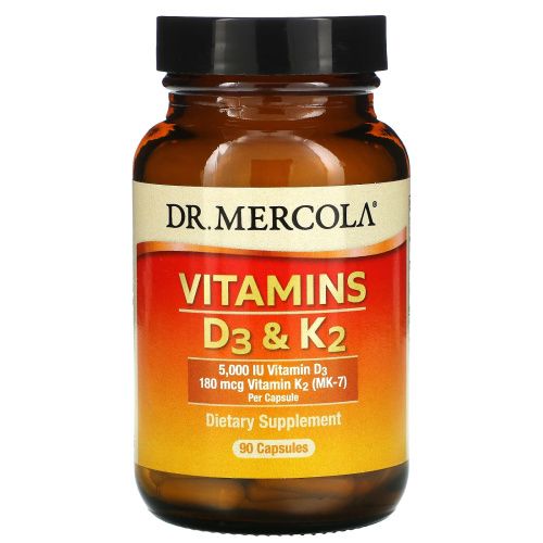 Dr. Mercola, Витамины D3 и K2, 5000 МЕ, 90 капсул