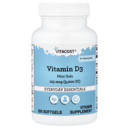 Vitacost, витамин D3 в мини-капсулах, 125 мкг (5000 МЕ), 365 капсул
