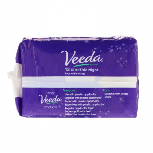 Veeda, Natural Cotton Pads with Wings, Ultra Thin, Night, 12 Pads