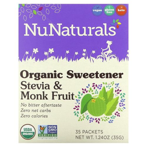 NuNaturals, Органический подсластитель, стевия и архат, 35 пакетиков по 1,24 унц. (35 г)