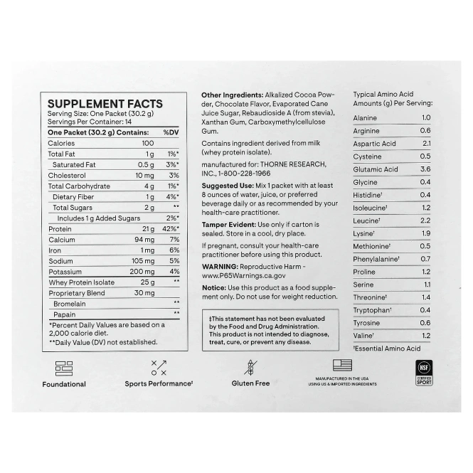 Thorne, Изолят сывороточного протеина, шоколад, 14 пакетиков по 30,2 г (1,06 унции)