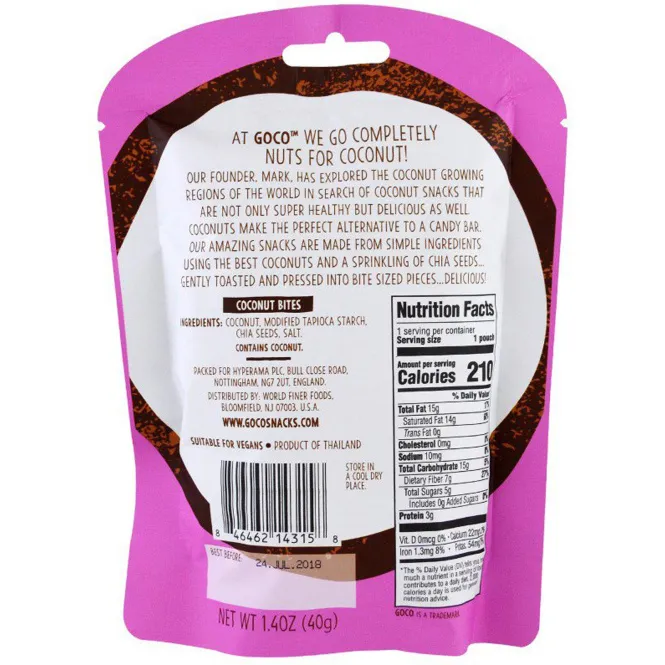 GoCo, Хрустящие кокосовые конфеты с жареными семенами чиа, 40 г (1.4 oz)