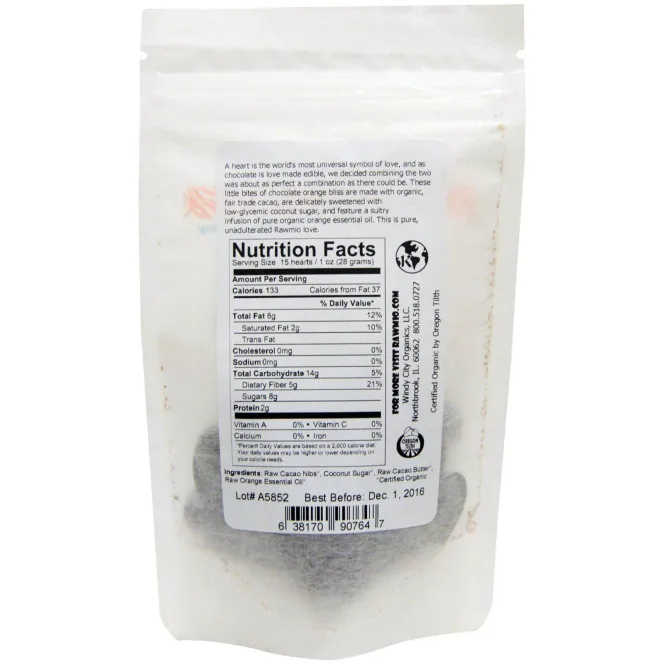 Rawmio, Сердечки из шоколада с апельсином, 2 унции (57 г)