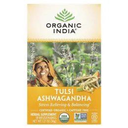 Organic India, чай с тулси и ашвагандой, без кофеина, 18 пакетиков для заваривания, 36 г (1,27 унции)